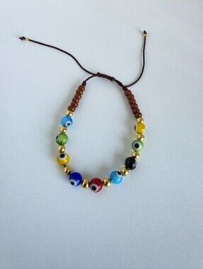Handmade Adjustable Evil Eye Bracelet Colorful Glass Beaded Gold Tone Protection